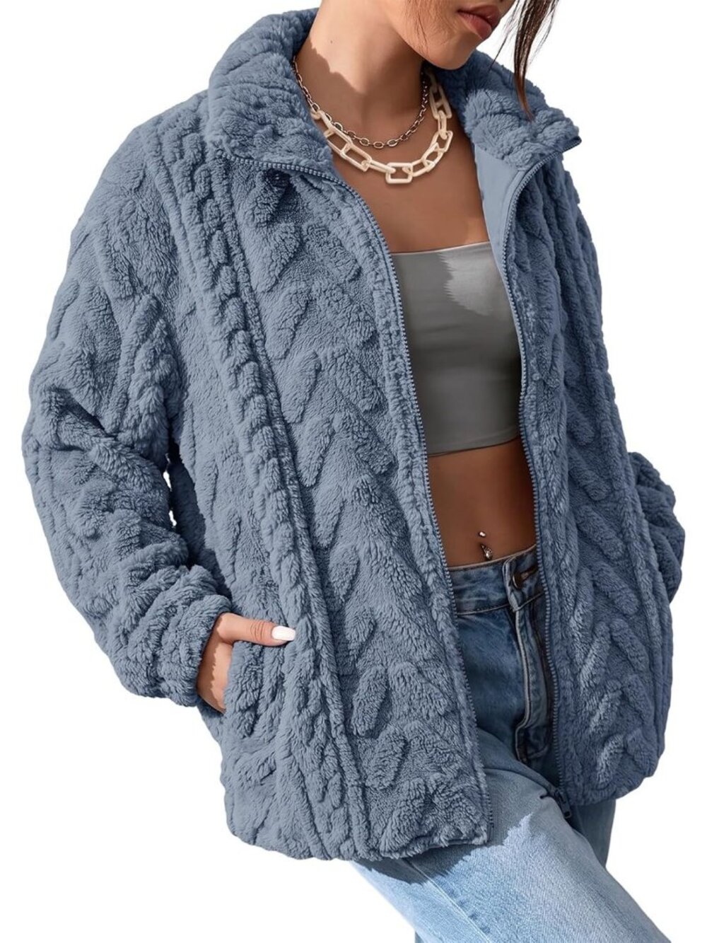 Women's Dusk Blue Zipper Sherpa Fabric Coat Loose Fit Zipper Front Fleece Jacket
